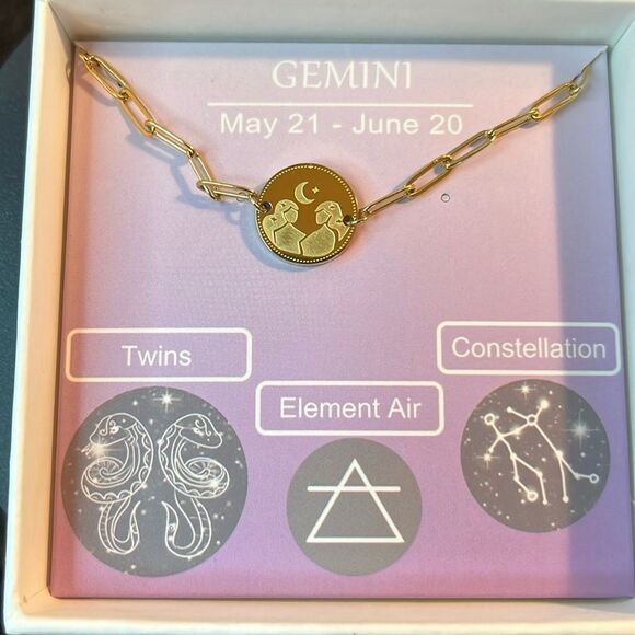 Crystal Gemini Zodiac Engraved Bracelet in ION Plated YG Stainless Steel 7” - Picture 1 of 6